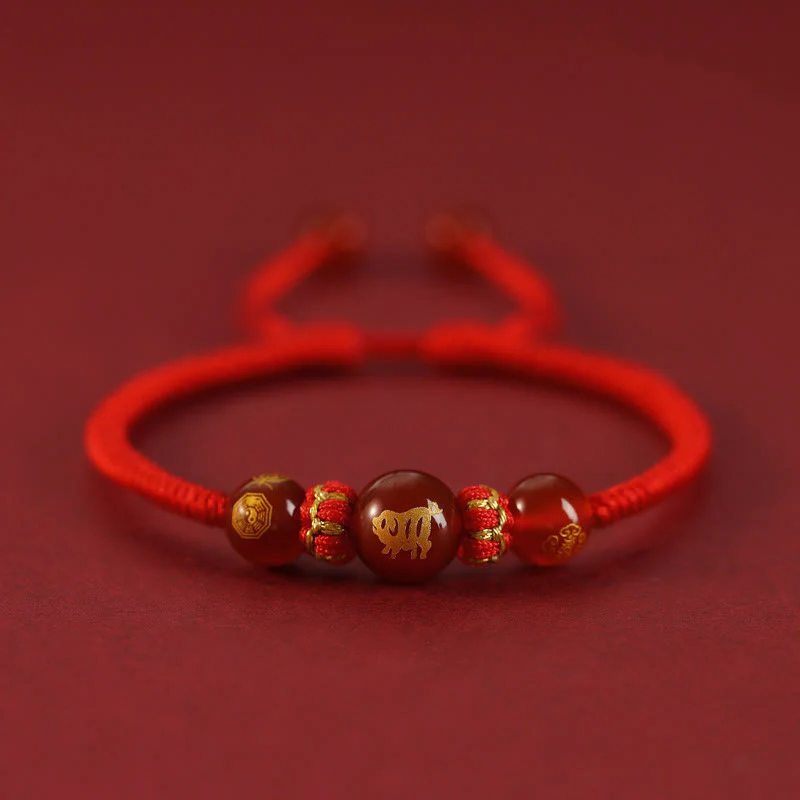 Buddha Stones Handmade Red Agate Chinese Zodiac Red String Braided Protection Bracelet