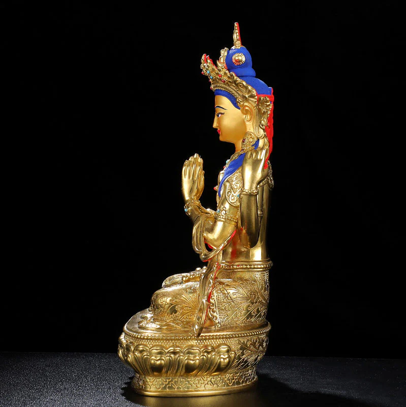 Buddha Stones Chenrezig Four-armed Avalokitesvara Protection Copper Gold Plated Statue Decoration