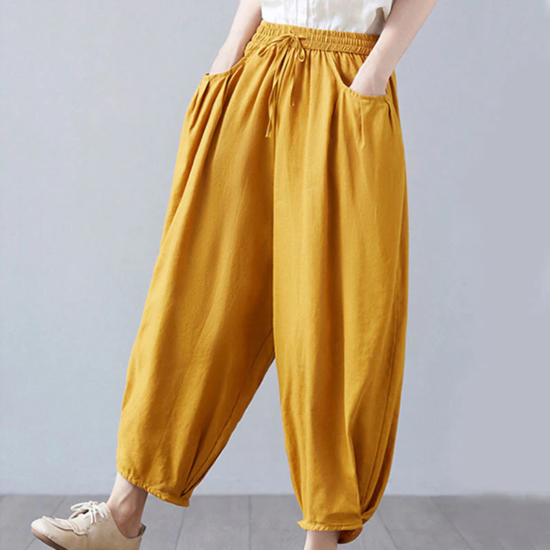 Buddha Stones Summer Plain Cropped Pants Women's Cotton Linen Harem Pants With Pockets