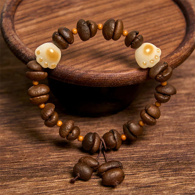 Buddha Stones Handmade Natural Coffee Beans Cat Head Bodhi Seed Claw Paw Peace Bracelet
