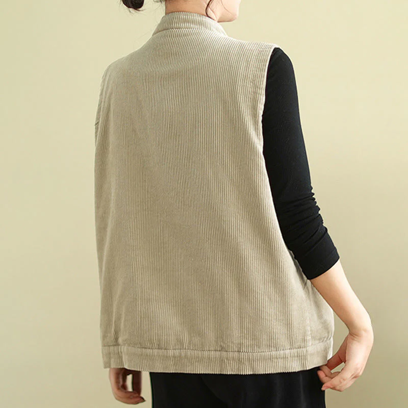 Buddha Stones Plain Sleeveless Women's Cotton Vest Corduroy Waistcoat With Pockets