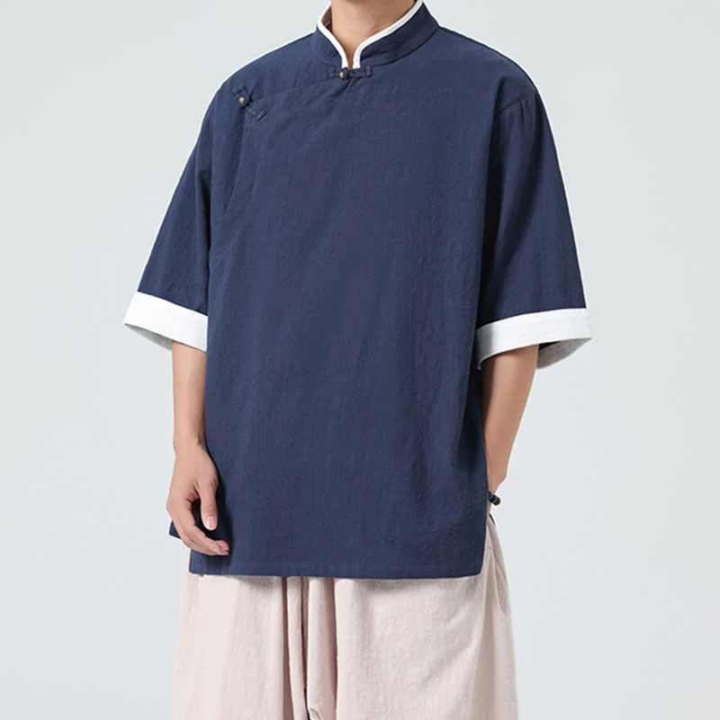 Buddha Stones Vintage Spring Color Matching Collar Slanted Placket Design Men's Half Sleeve Cotton Linen Shirt