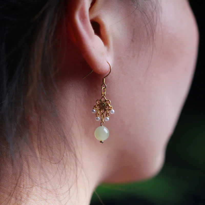 Buddha Stones Hetian Jade Flower Pattern 14K Gold Plated Luck Drop Dangle Earrings