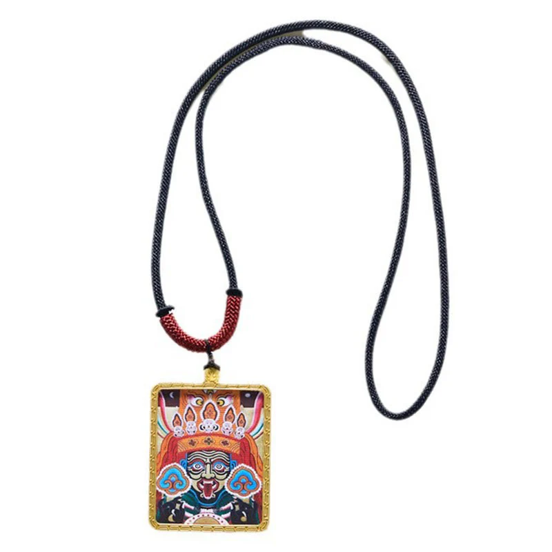 Buddha Stones Tibetan Zakiram Nine Tailed Fox Yellow God of Wealth Painted Thangka Hope Necklace Pendant