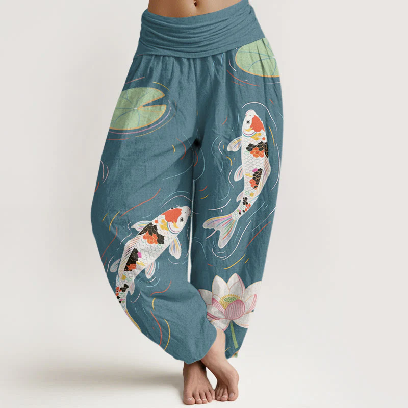 Buddha Stones Lotus Flower Lotus Leaves Koi Fish Water Ripples Pattern Women's Elastic Waist Harem Pants