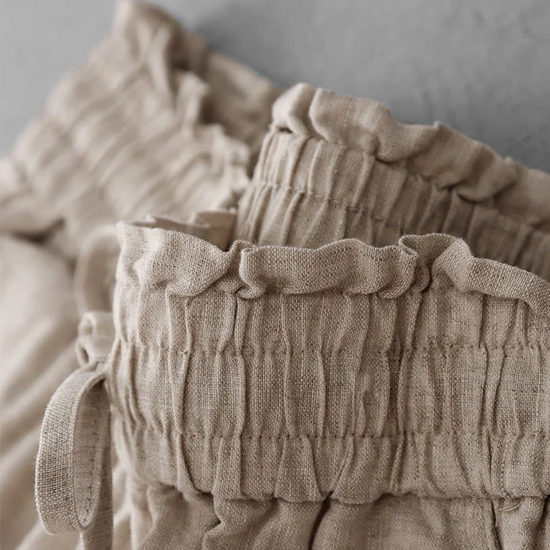 Buddha Stones Casual High Waist Ruffled Drawstring Design Women's Wide Leg Cotton Pants With Pockets