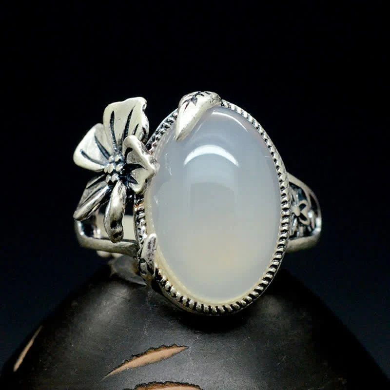 Buddha Stones 990 Sterling Silver Natural Chalcedony Plum Positive Harmony Ring