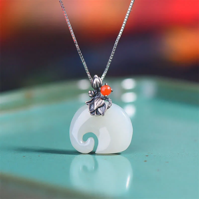 Buddha Stones White Jade Elephant Lotus Protection Necklace Pendant