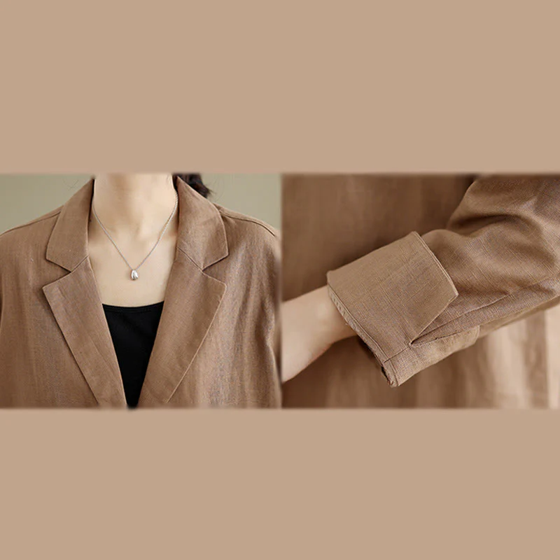 Buddha Stones Casual Fall Buttons Design Lapel Women's Cotton Linen Coat With Pockets