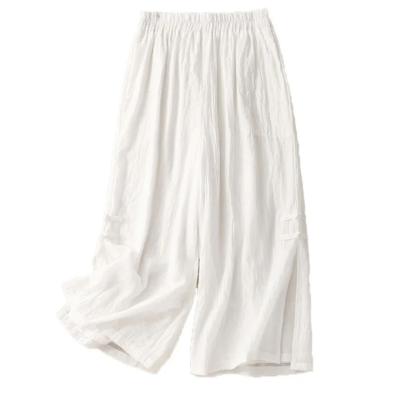 Buddha Stones Frog-Button Hem Slit Design Women's Wide Leg Cotton Linen Pants With Pockets