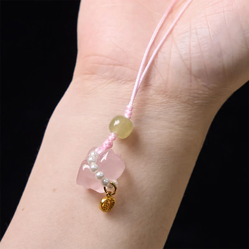Buddha Stones Pink Crystal Amethyst Citrine Pearl Fu Character Lucky Kitten Warmth Phone Hanging Decoration