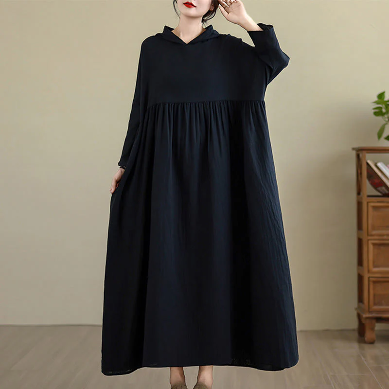 Buddha Stones Fall Hoodie Design Long Sleeve Cotton Linen Midi Dress With Pockets
