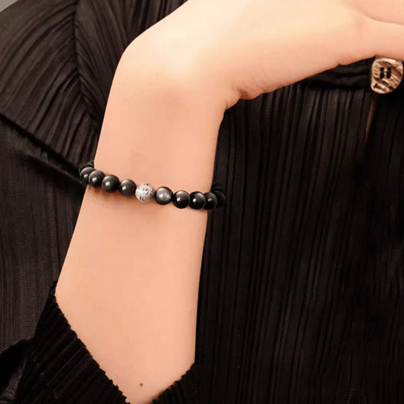 Buddha Stones Natural Silver Sheen Obsidian Om Mani Padme Hum Protection Bracelet