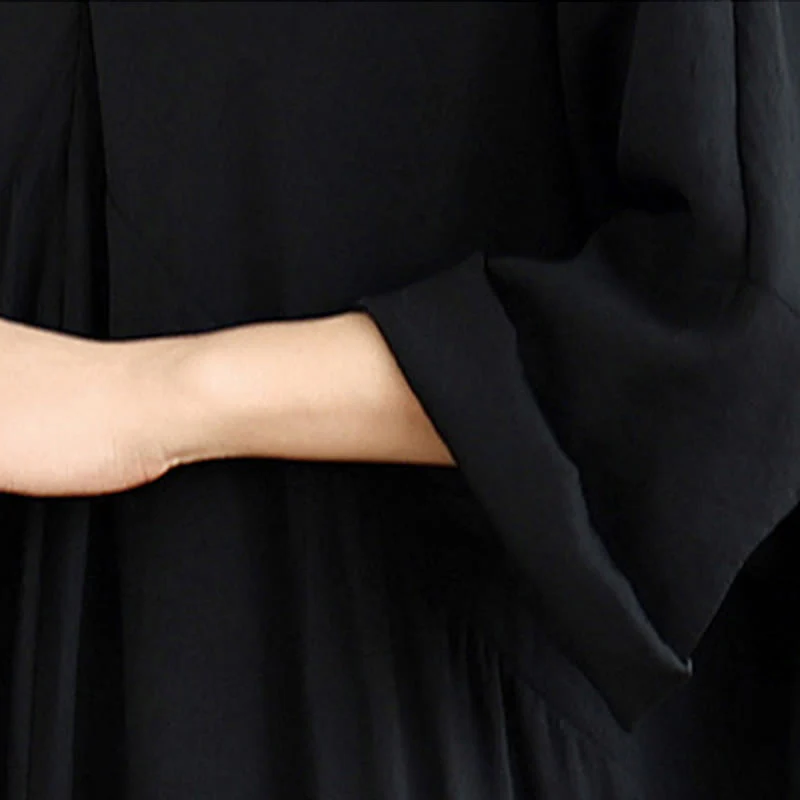 Buddha Stones Fall Casual V-Neck Long Sleeve Cotton Midi Dress