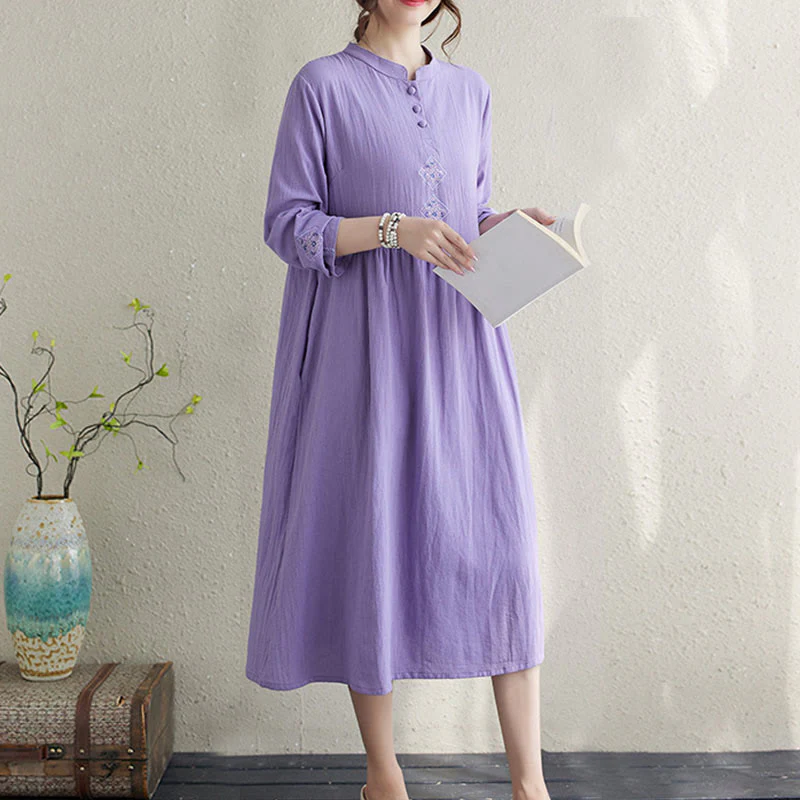 Buddha Stones Fall Ethnic Embroidery Cotton Linen Midi Dress With Pockets