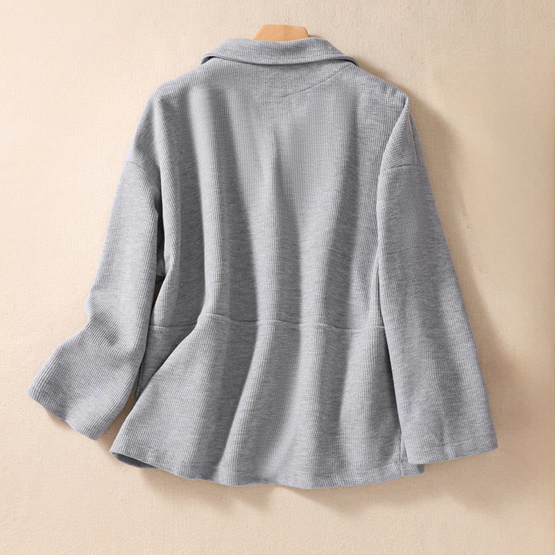 Buddha Stones Plain Lapel Women's Cotton Jacket With Pockets