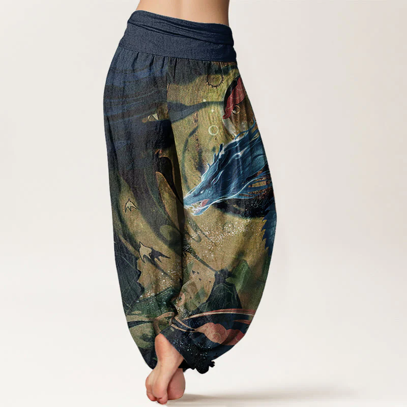 Buddha Stones Pure Cotton Dragon Auspicious Clouds Pattern Women's Elastic Waist Harem Pants
