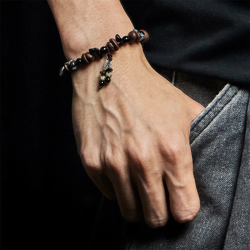 Buddha Stones Natural Coffee Beans Tiger Eye Fu Character Protection Bracelet