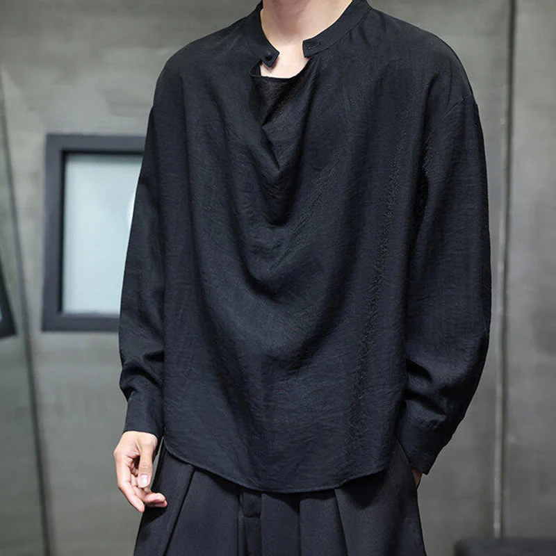 Buddha Stones Spring Solid Color Pleated Stand Collar Design Tang Suit Men's Long Sleeve Linen Shirt