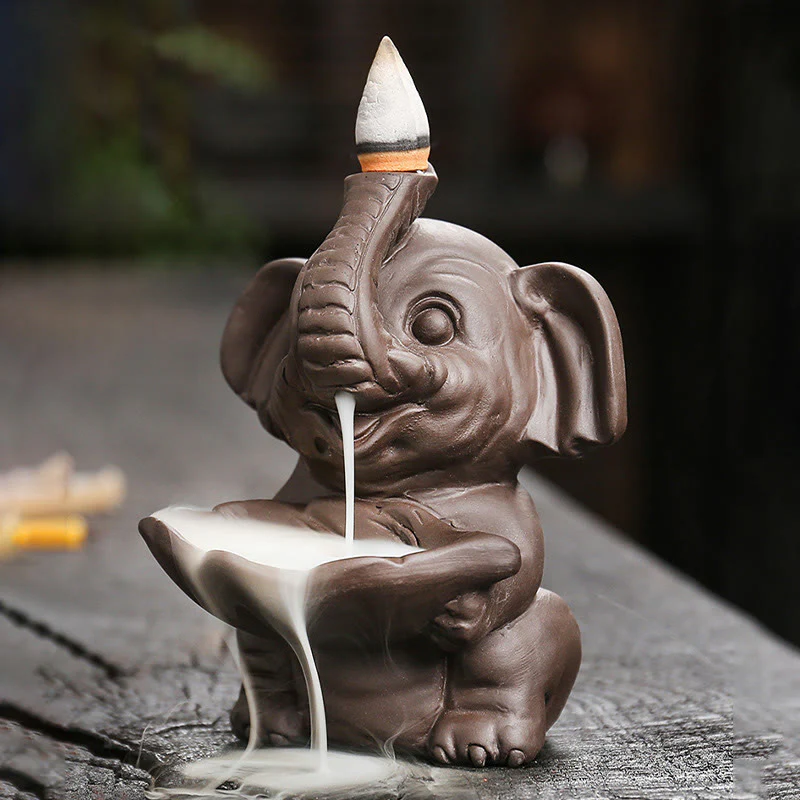 Buddha Stones Little Elephant Holding Leaf Purple Clay Backflow Smoke Fountain Healing Incense Burner Decoration