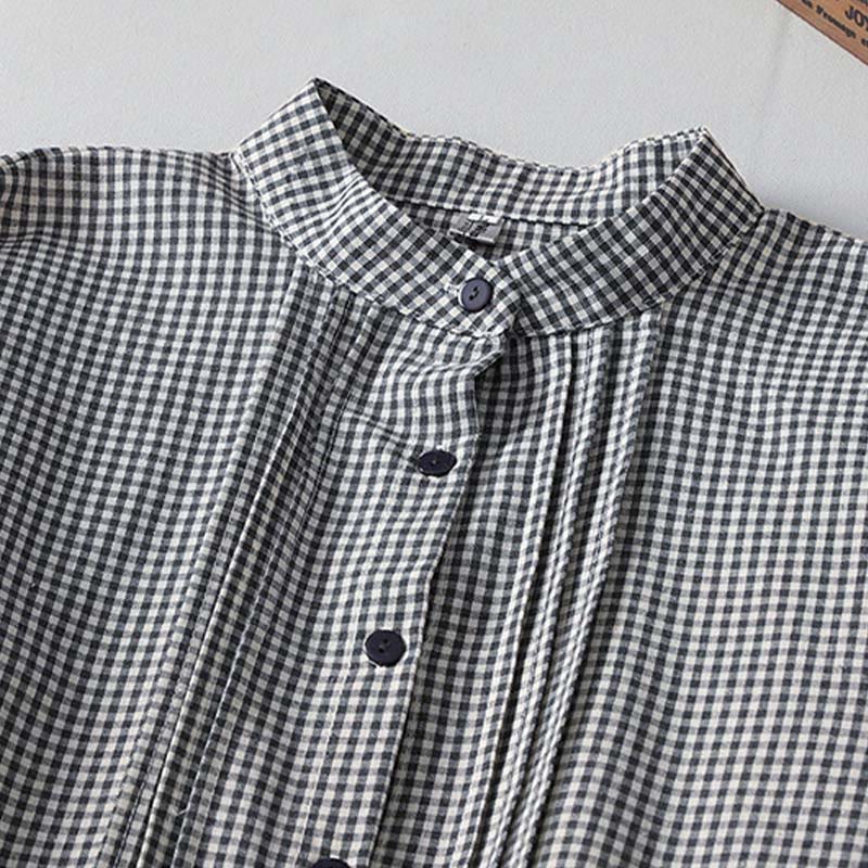 Buddha Stones Casual Plaid Pattern Long Lantern Sleeve Cotton Linen Midi Dress With Pockets