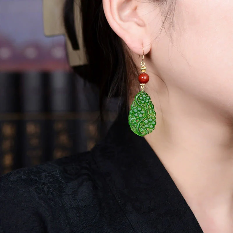 Buddha Stones Water Droplet Hollow Shape Jade Red Agate 925 Sterling Silver Luck Earrings