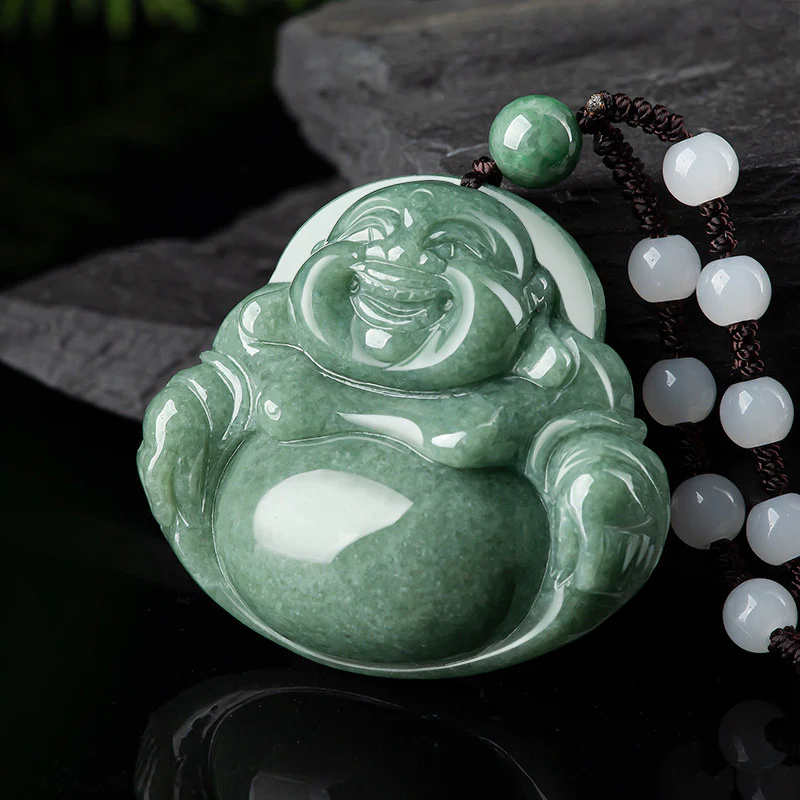 Buddha Stones Laughing Buddha Cyan Jade Harmony Necklace String Bead Pendant