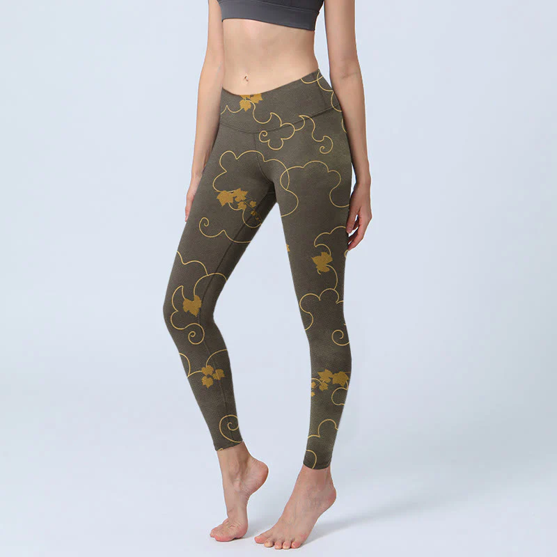 Buddha Stones Auspicious Cloud Maple Leaf Pattern Print Gym Leggings Women's Yoga Pants