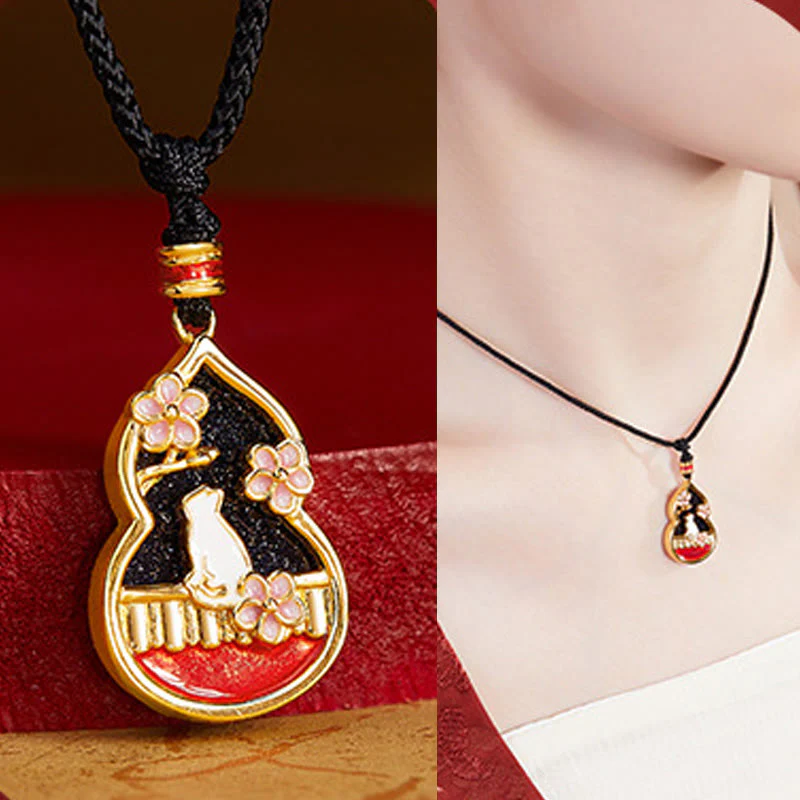 Buddha Stones 925 Sterling Silver Peach Blossom Cat Gourd Pattern Protection Necklace Pendant