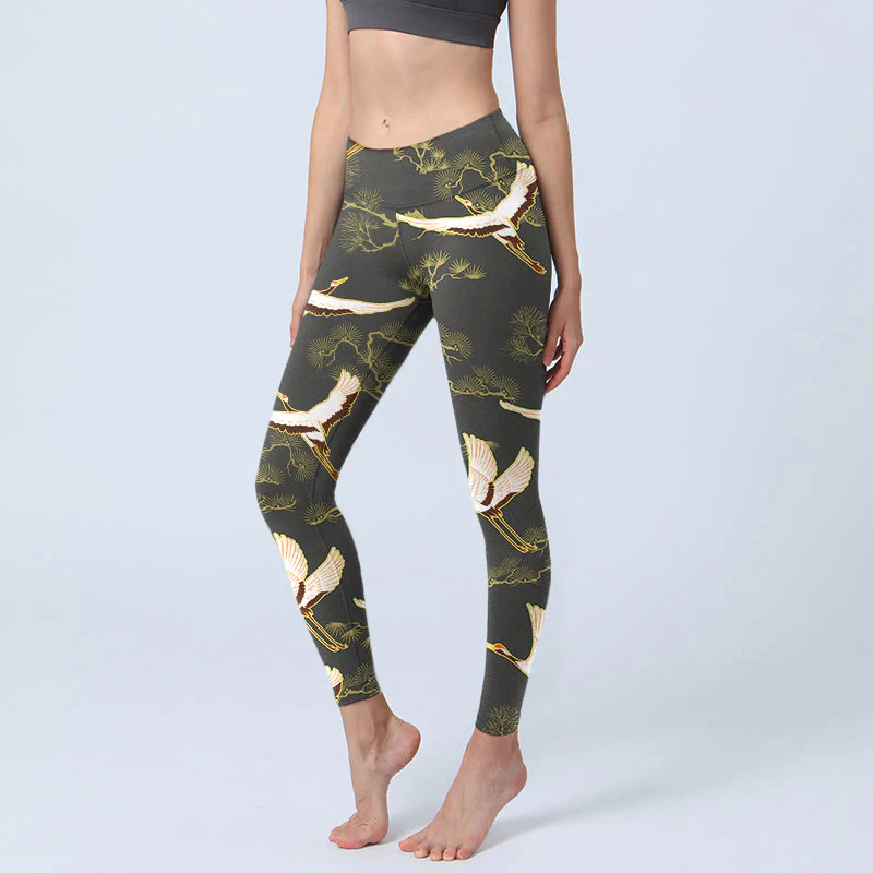 Buddha Stones Soaring Crane Pine Tree Pattern Print Gym Leggings Women's Yoga Pants