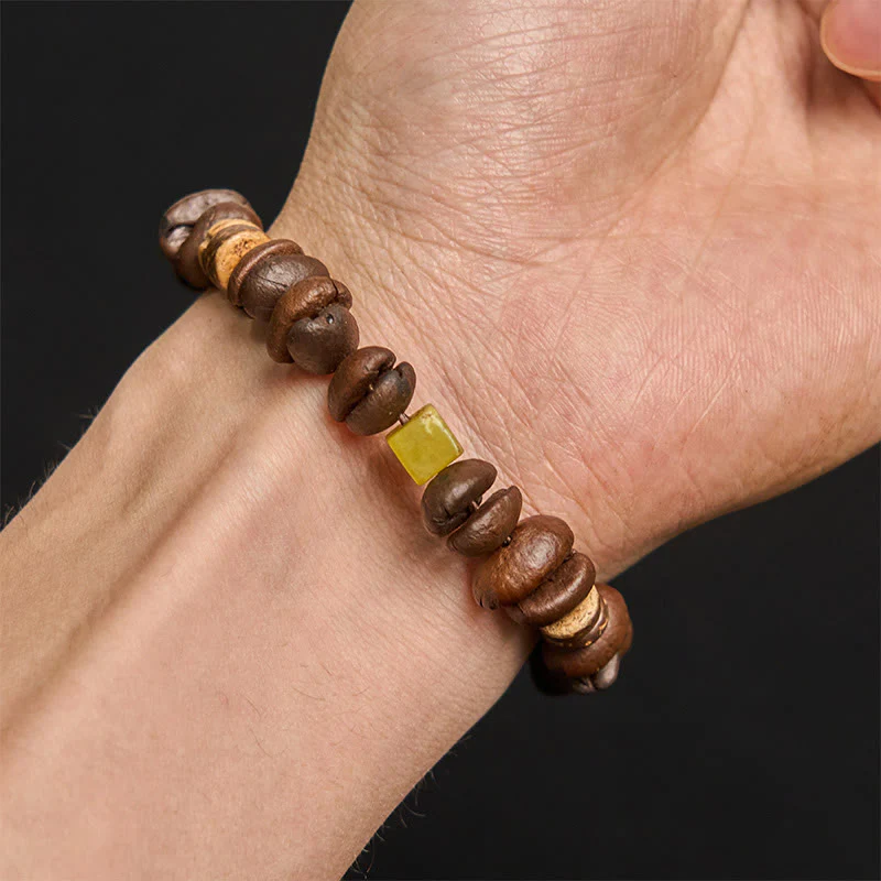 Buddha Stones Handmade Natural Coffee Beans Coconut Shell Square Jade Positive Bracelet