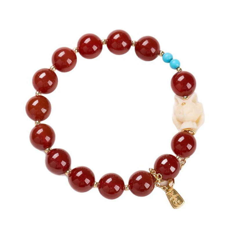Buddha Stones Nine Tailed Fox Joy Red Agate Ivory Fruit Copper Plated Gold Confidence Bracelet