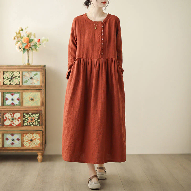 Buddha Stones Vintage OrangeRed Lace-Up Design Long Sleeve Cotton Midi Dress With Pockets