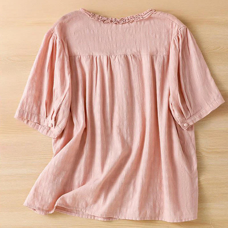 Buddha Stones Jacquard Pleated Ruffled Trim Design V-Neck Short Sleeve Women's Shirt