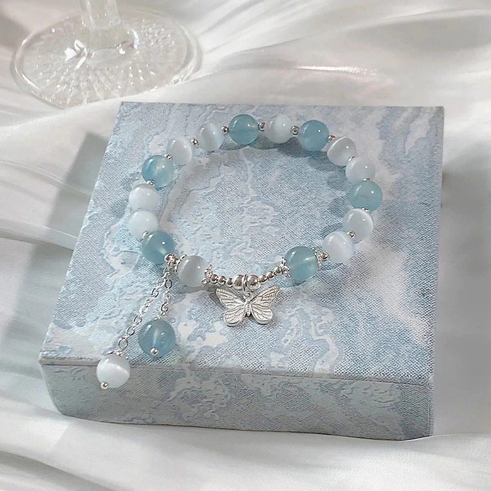 Buddha Stones Cat's Eye Aquamarine Butterfly Charm Support Bracelet