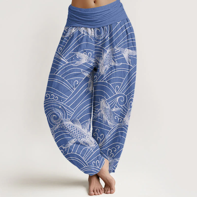 Buddha Stones Koi Fish Wave Pattern Women's Elastic Waist Harem Pants