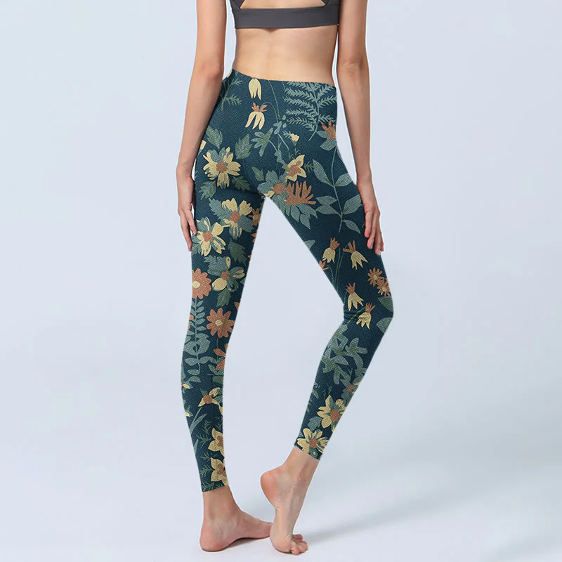 Buddha Stones Casual Daisy Flowers Leaves Print Gym Fitness Leggings Women's Yoga Pants