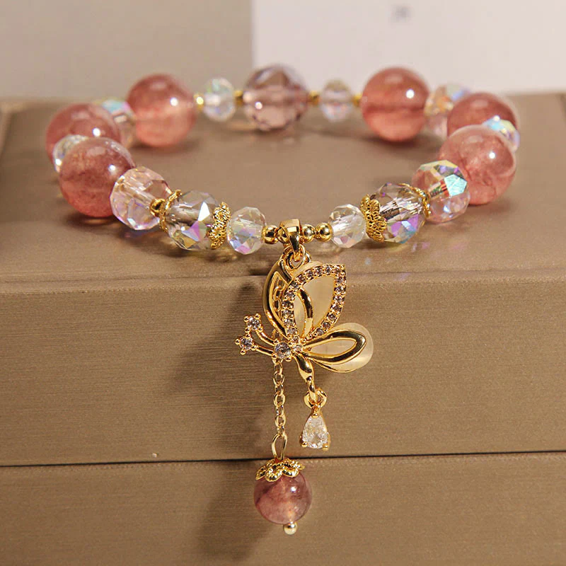 Buddha Stones Natural Strawberry Quartz Healing Positive Butterfly Charm Bracelet