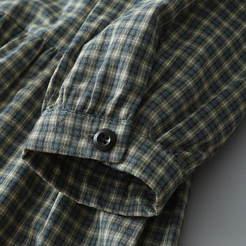 Buddha Stones Casual Plaid Buttons Lantern Long Sleeve Cotton Midi Dress