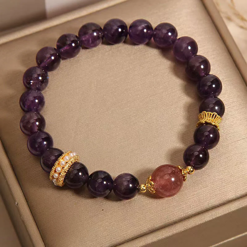 Buddha Stones Natural Amethyst Lucky Strawberry Quartz Beads Peace Bracelet