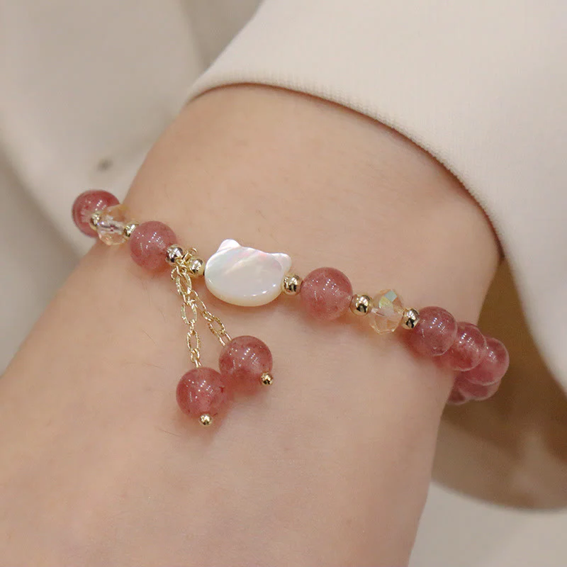 Buddha Stones Natural Strawberry Quartz Morganite Tridacna Stone Cat Love Bracelet