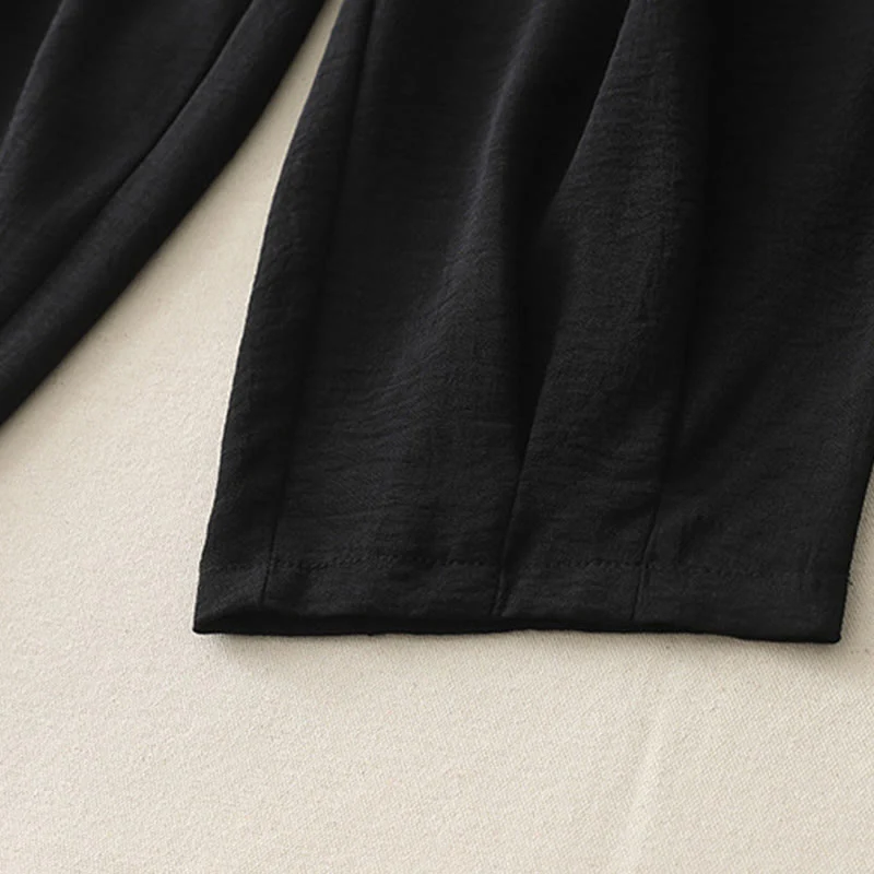 Buddha Stones Commute Casual Plain Frog-Button Design Women's Harem Cotton Linen 7-8 Length Pants With Pockets