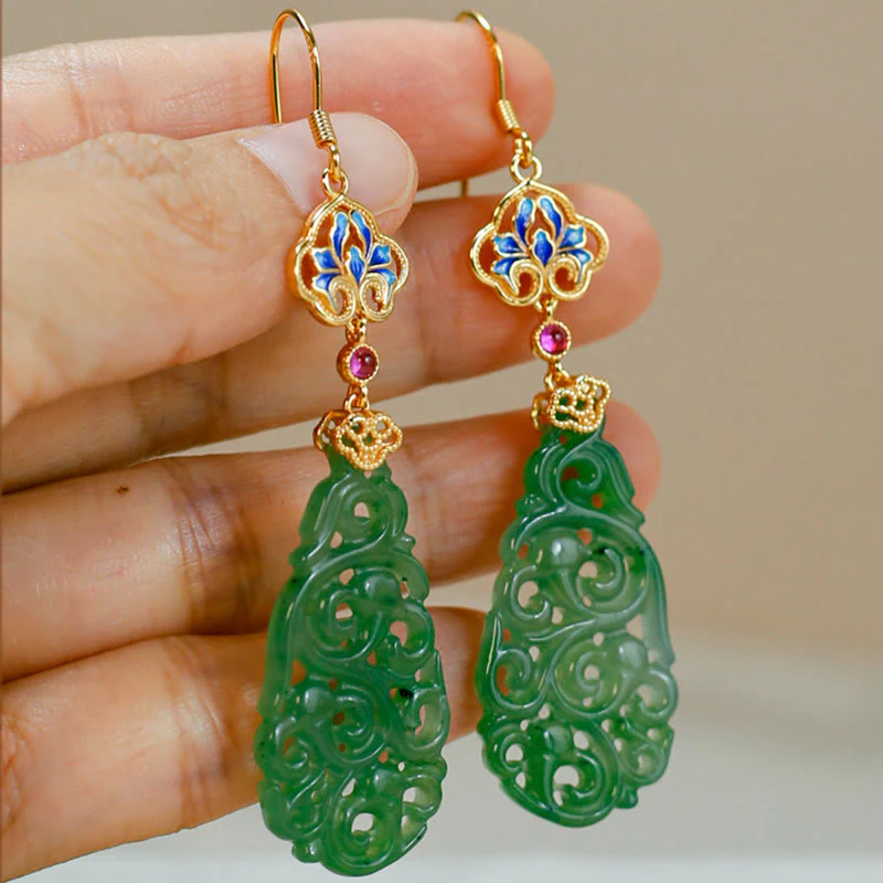 Buddha Stones Hollow Hetian Jade Enamel 925 Sterling Silver Prosperity Earrings