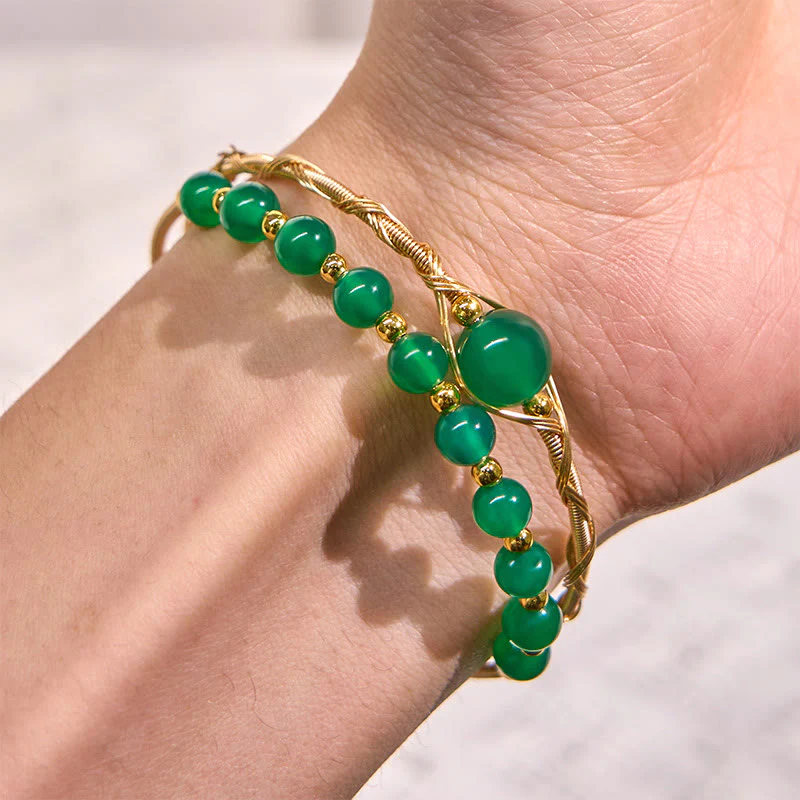 Buddha Stones 14K Gold Filled Copper Natural Green Agate Power Metal Cuff Bracelet Bangle