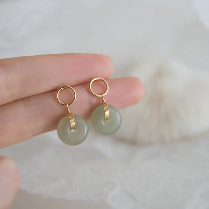 Buddha Stones Round Jade Peace Buckle Luck Drop Earrings
