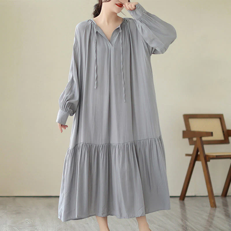 Buddha Stones Casual Plain Two-sided Style Dress Chiffon Midi Dress With Pockets