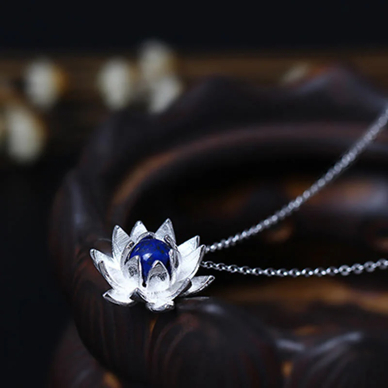 Buddha Stones 925 Sterling Silver Lazurite Lotus Flower Self Care Necklace Pendant