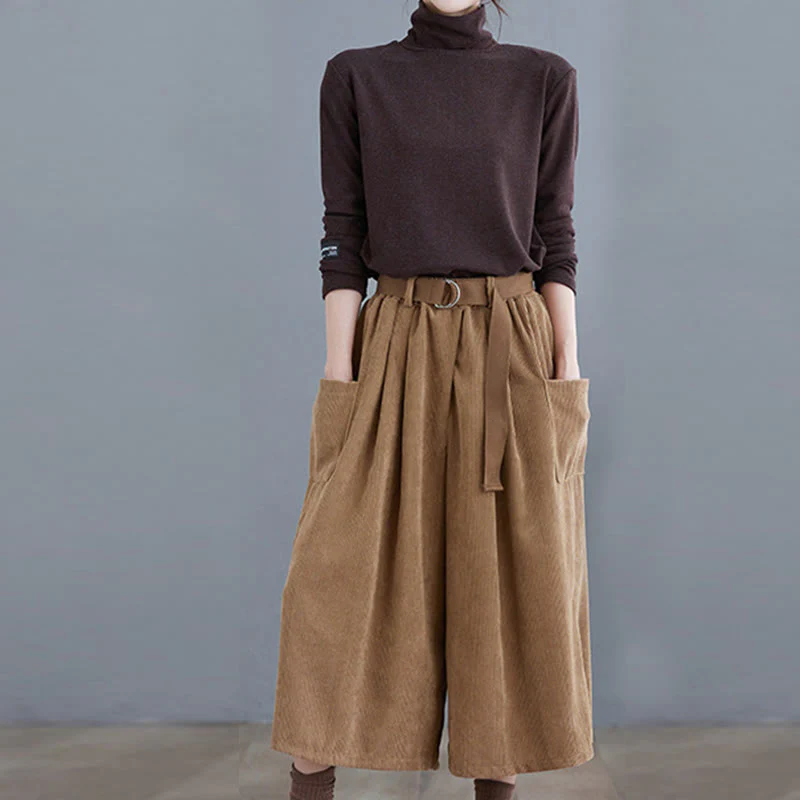 Buddha Stones Retro Women's Wide Leg 7-8 Length Corduroy Cotton Pants With Pockets Belt