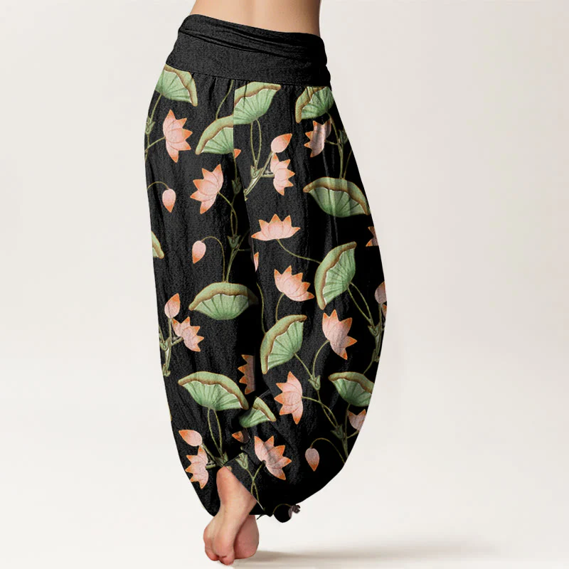 Buddha Stones Pink Lotus Flowers Lush Green Leaves Pattern Women's Elastic Waist Harem Pants
