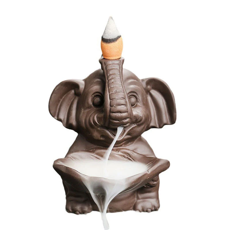 Buddha Stones Little Elephant Holding Leaf Purple Clay Backflow Smoke Fountain Healing Incense Burner Decoration